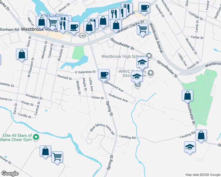 map of restaurants, bars, coffee shops, grocery stores, and more near 166 Spring Street in Westbrook