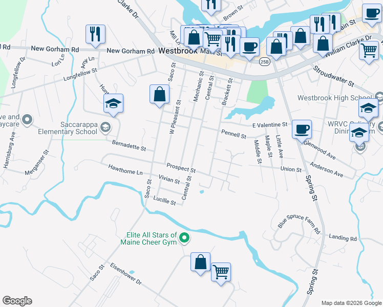 map of restaurants, bars, coffee shops, grocery stores, and more near 162 Central Street in Westbrook
