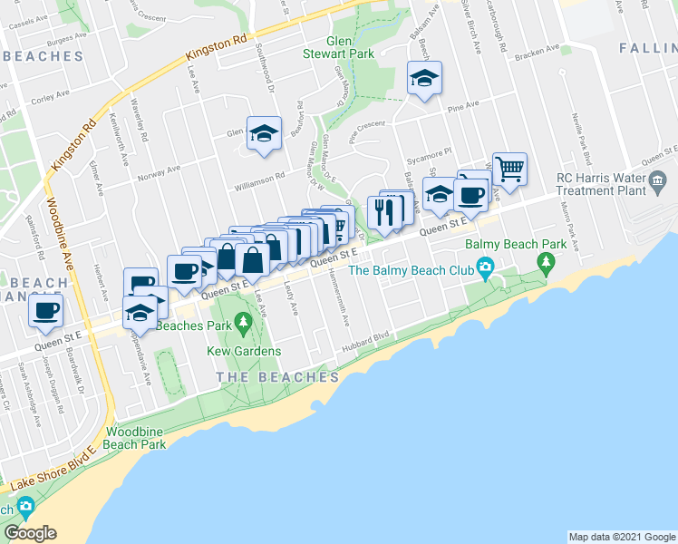 map of restaurants, bars, coffee shops, grocery stores, and more near 2243 Queen Street East in Toronto