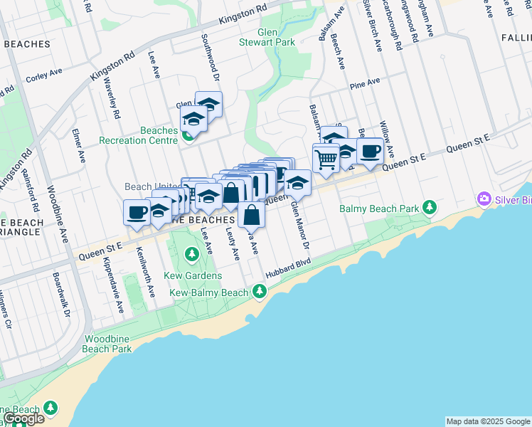 map of restaurants, bars, coffee shops, grocery stores, and more near 2243 Queen Street East in Toronto