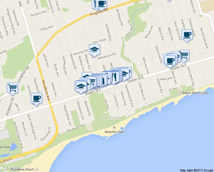 map of restaurants, bars, coffee shops, grocery stores, and more near in Toronto