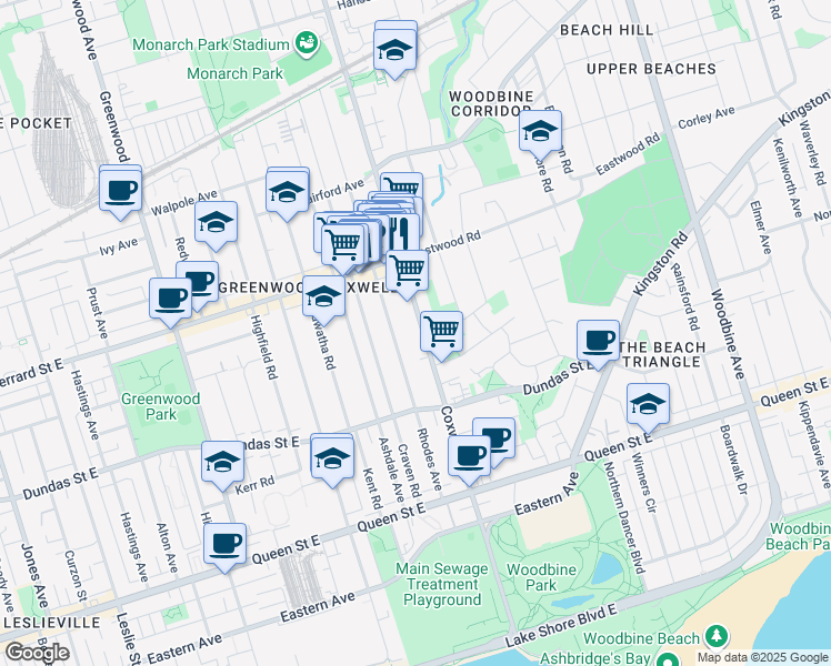 map of restaurants, bars, coffee shops, grocery stores, and more near in Toronto