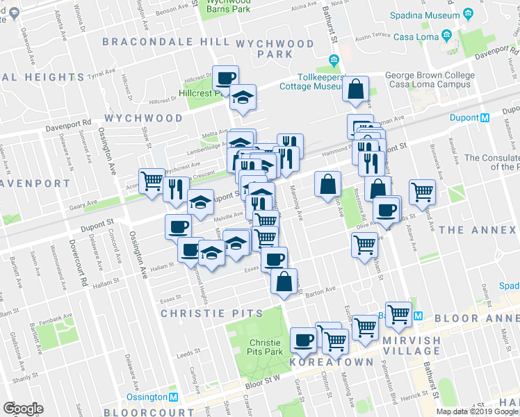 map of restaurants, bars, coffee shops, grocery stores, and more near in Toronto