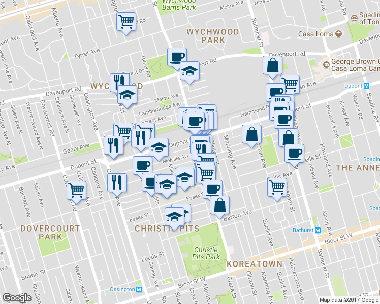 map of restaurants, bars, coffee shops, grocery stores, and more near in Toronto