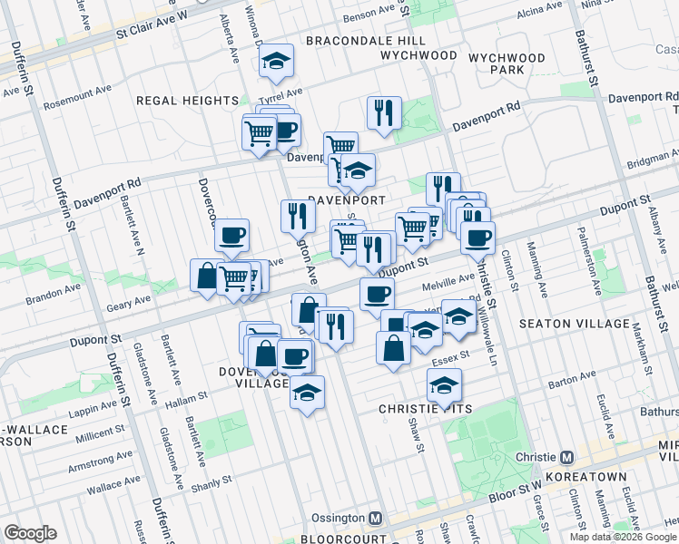 map of restaurants, bars, coffee shops, grocery stores, and more near in Toronto