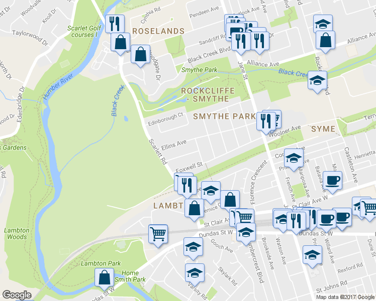 map of restaurants, bars, coffee shops, grocery stores, and more near 52 Delemere Avenue in Toronto