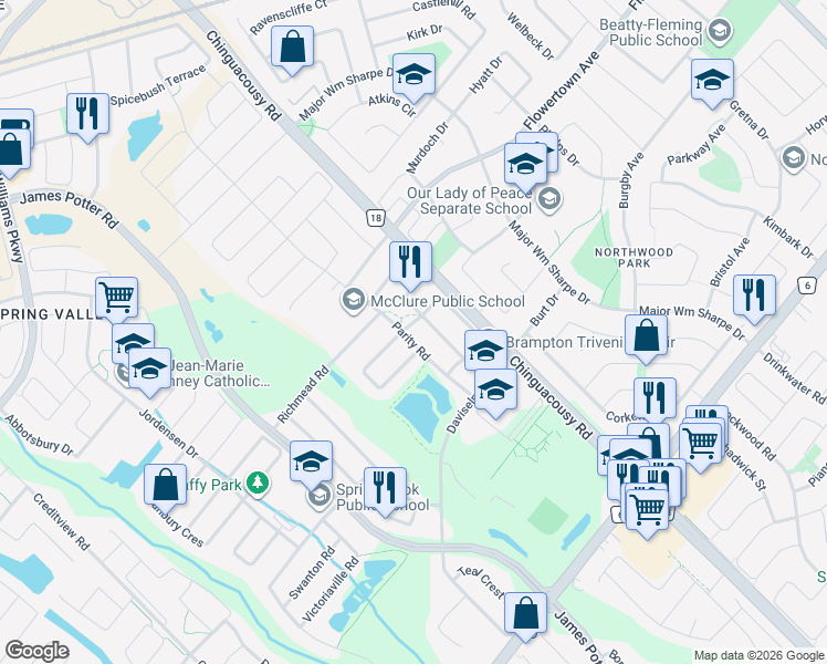map of restaurants, bars, coffee shops, grocery stores, and more near 58 Adrian Crescent in Brampton