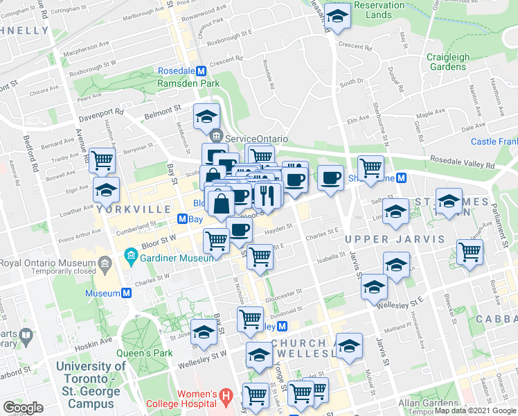 map of restaurants, bars, coffee shops, grocery stores, and more near 88 Bloor Street East in Toronto