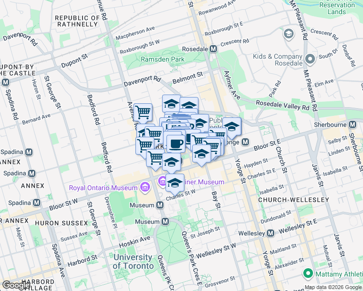 map of restaurants, bars, coffee shops, grocery stores, and more near in Toronto