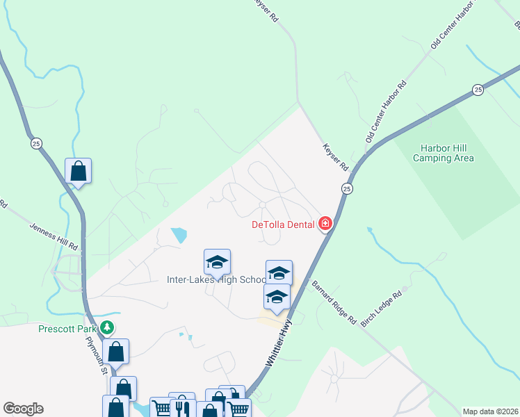 map of restaurants, bars, coffee shops, grocery stores, and more near 20 True Road in Meredith