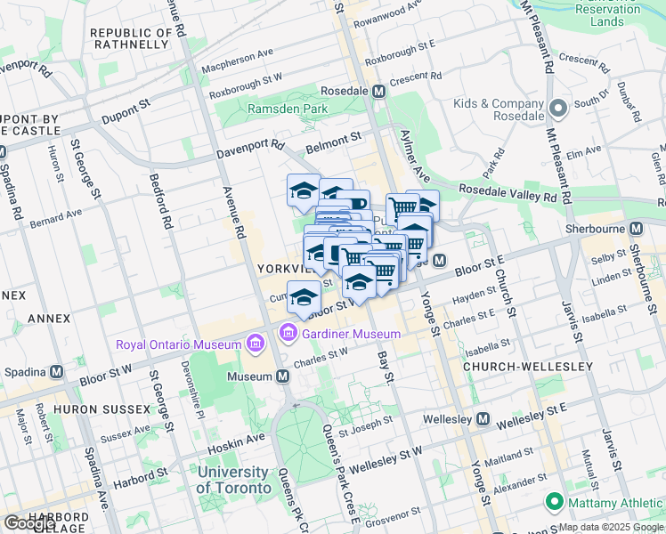 map of restaurants, bars, coffee shops, grocery stores, and more near 1235 Bay Street in Toronto