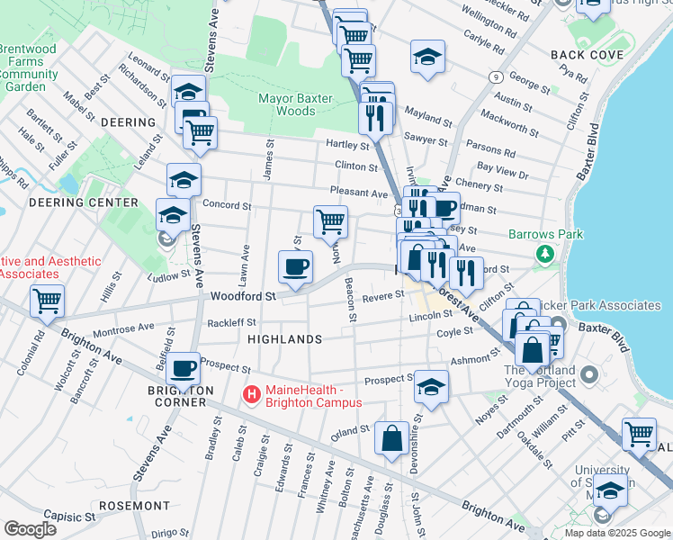 map of restaurants, bars, coffee shops, grocery stores, and more near 4 Norwood Street in Portland