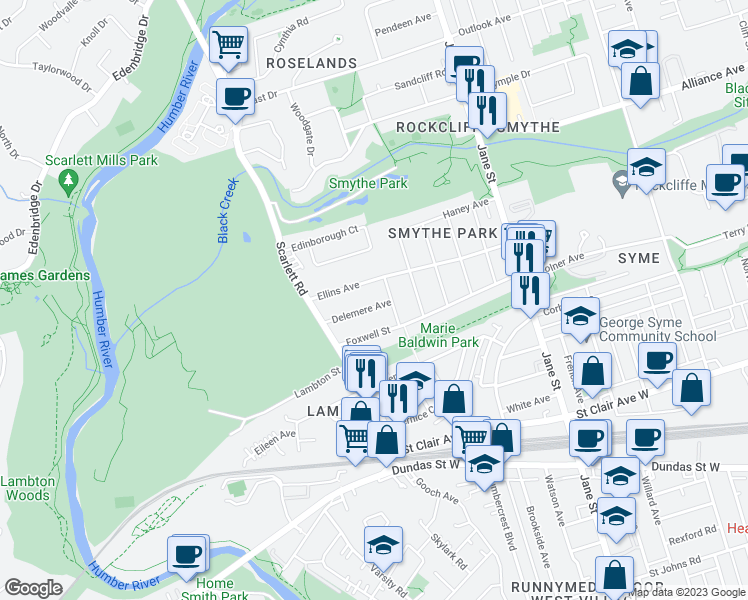 map of restaurants, bars, coffee shops, grocery stores, and more near 52 Delemere Avenue in Toronto