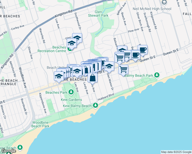 map of restaurants, bars, coffee shops, grocery stores, and more near Hammersmith Avenue in Toronto