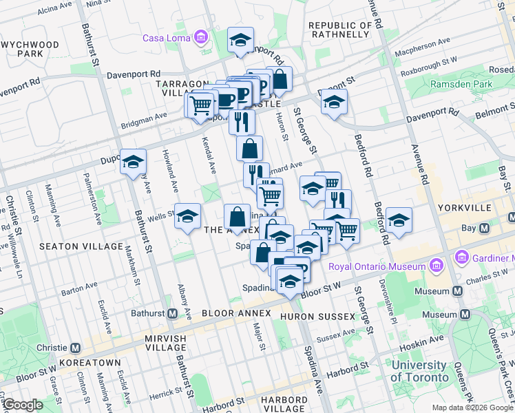 map of restaurants, bars, coffee shops, grocery stores, and more near 107 Spadina Road in Toronto