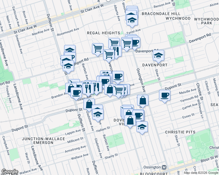 map of restaurants, bars, coffee shops, grocery stores, and more near 325 Westmoreland Avenue North in Toronto