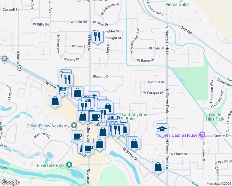 map of restaurants, bars, coffee shops, grocery stores, and more near 6937 West Saxton Drive in Boise