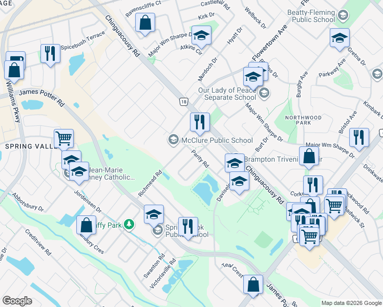map of restaurants, bars, coffee shops, grocery stores, and more near 58 Adrian Crescent in Brampton