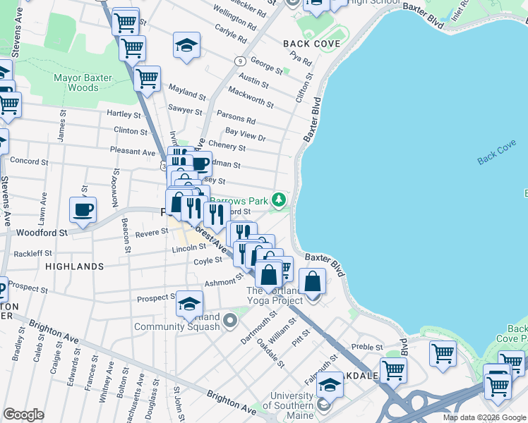 map of restaurants, bars, coffee shops, grocery stores, and more near 113 Vannah Avenue in Portland