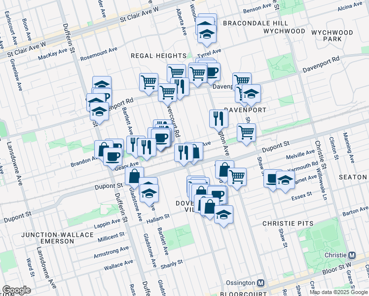 map of restaurants, bars, coffee shops, grocery stores, and more near 1115 Dovercourt Road in Toronto
