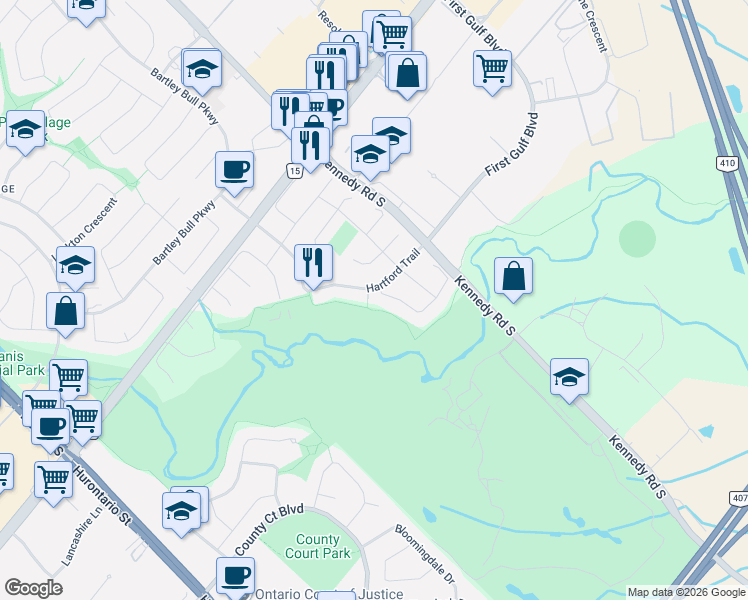 map of restaurants, bars, coffee shops, grocery stores, and more near 53 Hartford Trail in Brampton