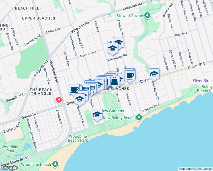 map of restaurants, bars, coffee shops, grocery stores, and more near 10 Wheeler Avenue in Toronto