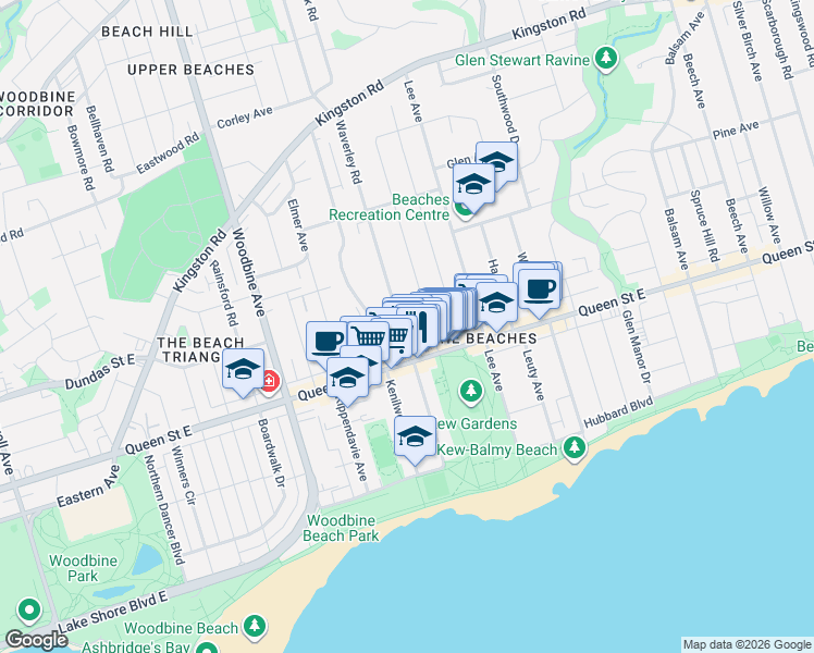 map of restaurants, bars, coffee shops, grocery stores, and more near 14 Bellefair Avenue in Toronto