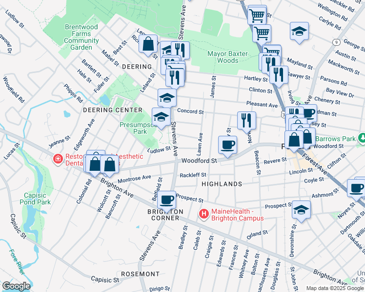 map of restaurants, bars, coffee shops, grocery stores, and more near 31 Higgins Street in Portland