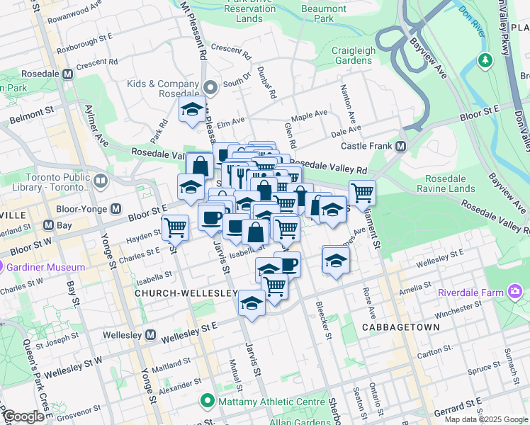 map of restaurants, bars, coffee shops, grocery stores, and more near 28 Linden Street in Toronto