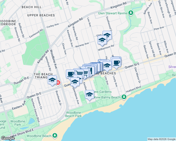 map of restaurants, bars, coffee shops, grocery stores, and more near 127 Waverley Road in Toronto