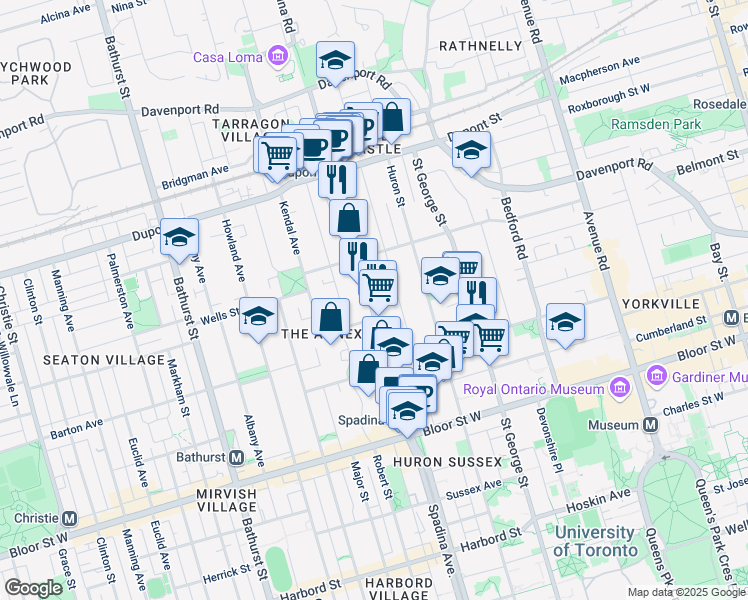 map of restaurants, bars, coffee shops, grocery stores, and more near 101 Spadina Road in Toronto