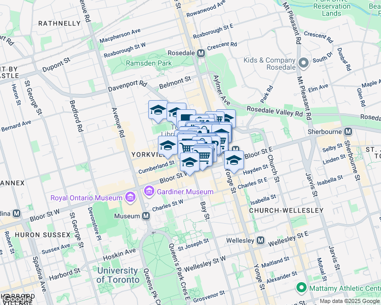 map of restaurants, bars, coffee shops, grocery stores, and more near 1235 Bay Street in Toronto