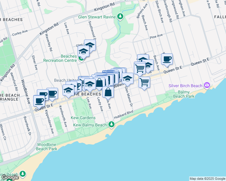 map of restaurants, bars, coffee shops, grocery stores, and more near 101 Hammersmith Avenue in Toronto