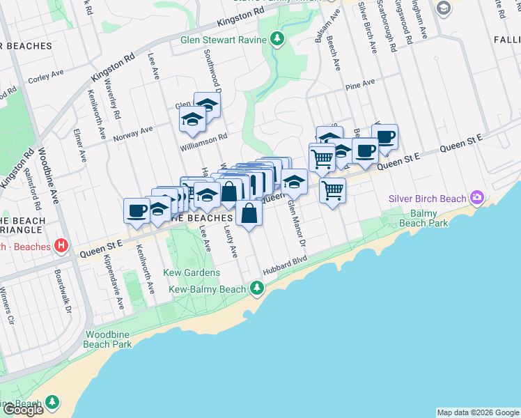 map of restaurants, bars, coffee shops, grocery stores, and more near 101 Hammersmith Avenue in Toronto