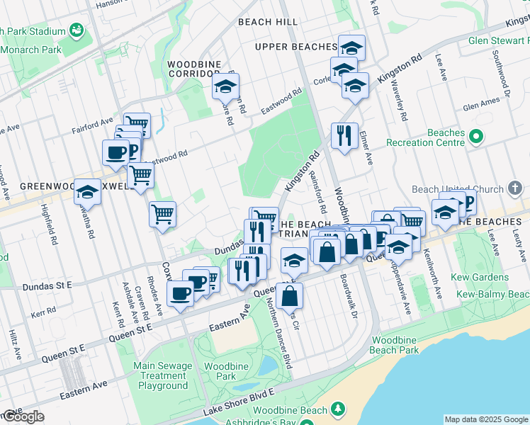 map of restaurants, bars, coffee shops, grocery stores, and more near in Toronto