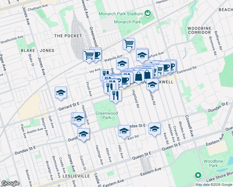 map of restaurants, bars, coffee shops, grocery stores, and more near 1297 Gerrard Street East in Toronto