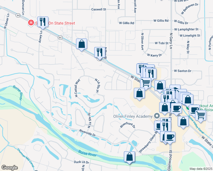 map of restaurants, bars, coffee shops, grocery stores, and more near 5580 Sudley Lane in Boise
