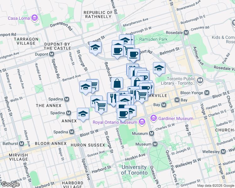 map of restaurants, bars, coffee shops, grocery stores, and more near 36 Lowther Avenue in Toronto