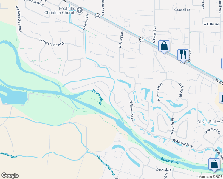 map of restaurants, bars, coffee shops, grocery stores, and more near 9400 West Pebble Brook Lane in Boise