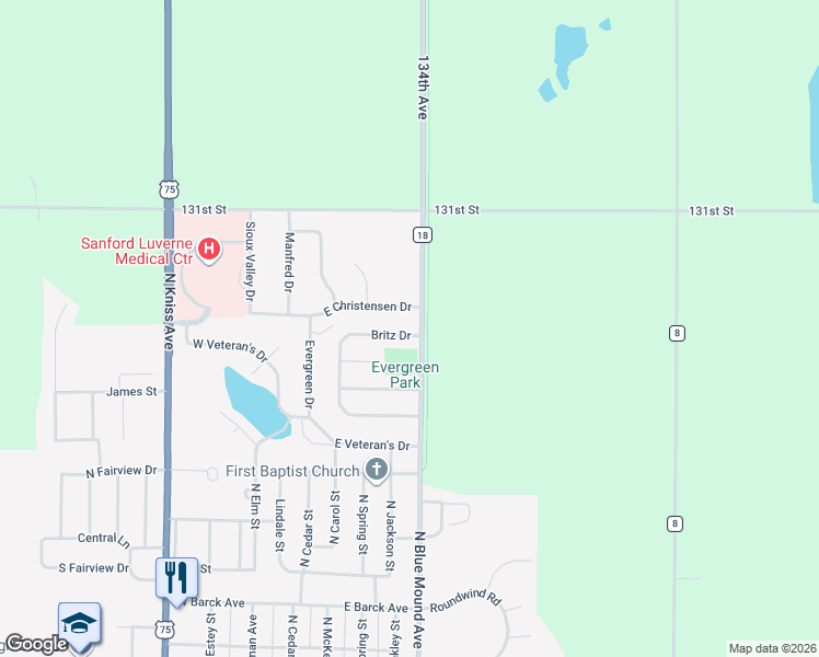map of restaurants, bars, coffee shops, grocery stores, and more near 722 Britz Drive in Luverne