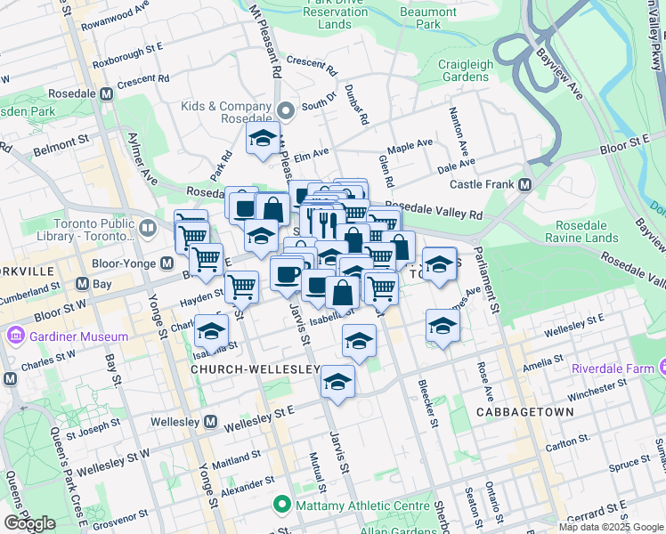 map of restaurants, bars, coffee shops, grocery stores, and more near 5 Selby Street in Toronto