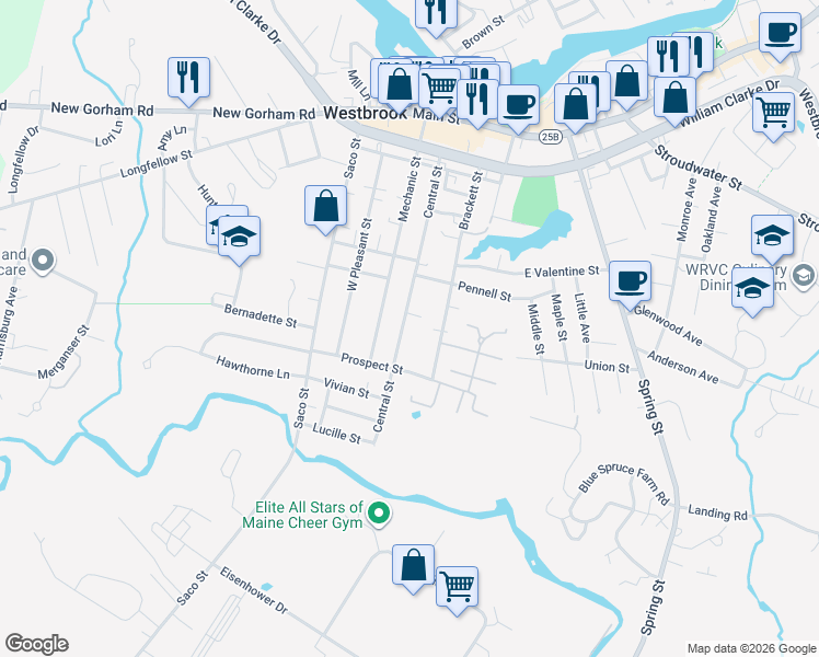 map of restaurants, bars, coffee shops, grocery stores, and more near 162 Central Street in Westbrook