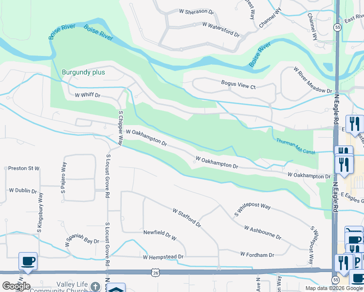 map of restaurants, bars, coffee shops, grocery stores, and more near 1214 West Oakhampton Drive in Eagle