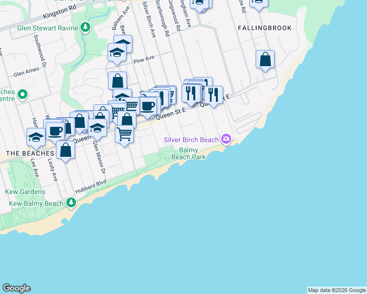 map of restaurants, bars, coffee shops, grocery stores, and more near 4 Silver Birch Avenue in Toronto