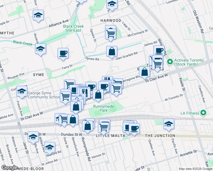 map of restaurants, bars, coffee shops, grocery stores, and more near 2300 Saint Clair Avenue West in Toronto