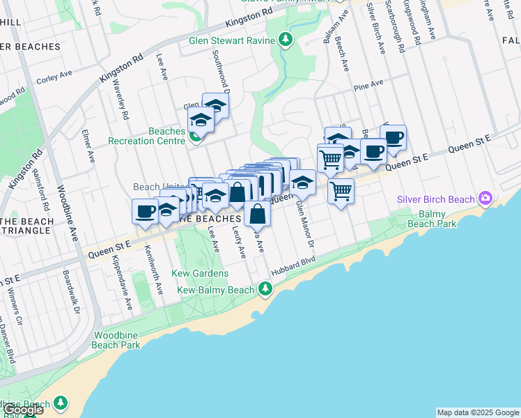 map of restaurants, bars, coffee shops, grocery stores, and more near 2243 Queen Street East in Toronto
