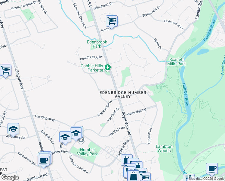 map of restaurants, bars, coffee shops, grocery stores, and more near 3 Darlingbrook Crescent in Toronto