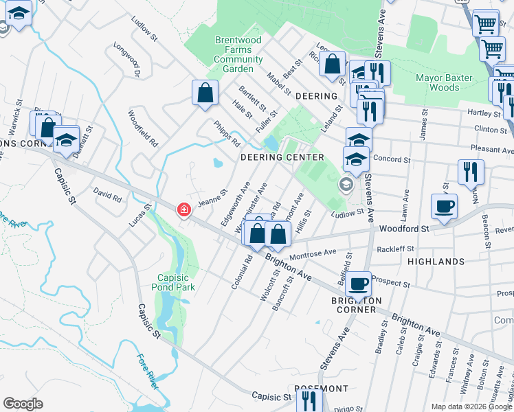 map of restaurants, bars, coffee shops, grocery stores, and more near 49 Westminster Avenue in Portland