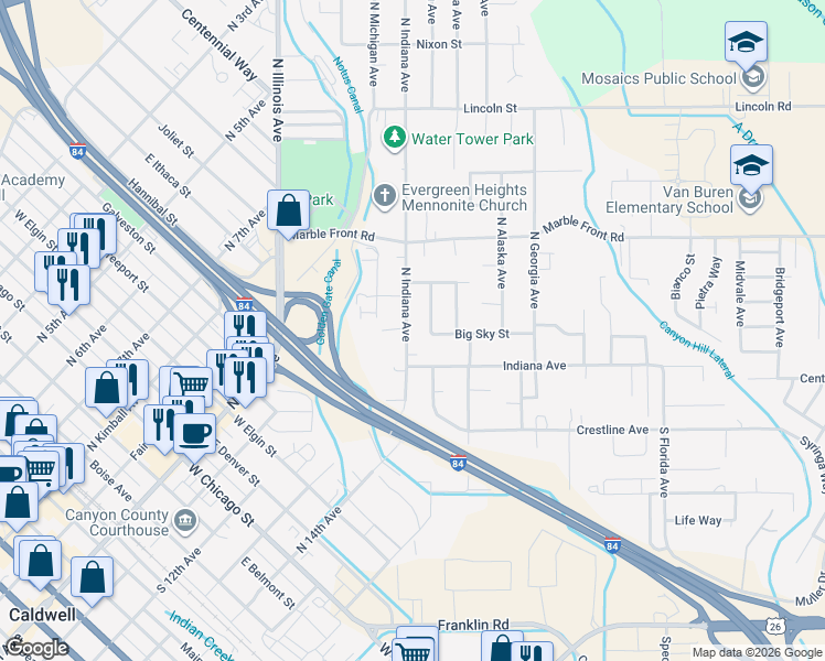 map of restaurants, bars, coffee shops, grocery stores, and more near 110 North Indiana Avenue in Caldwell