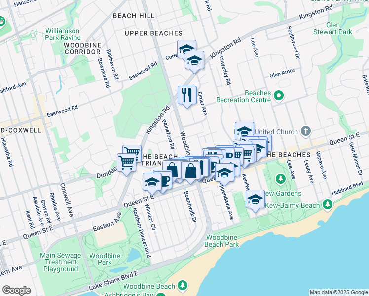 map of restaurants, bars, coffee shops, grocery stores, and more near 300 Woodbine Avenue in Toronto